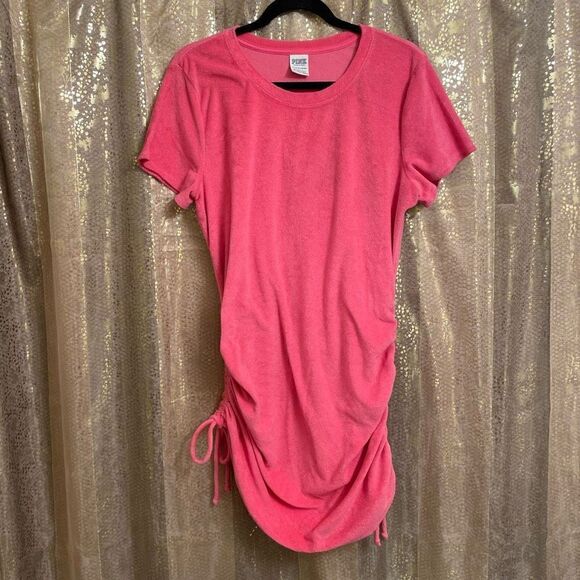 PINK Victorias Secret Hot Pink Terry Ruched Side Tie Dress, XL - Picture 1 of 9